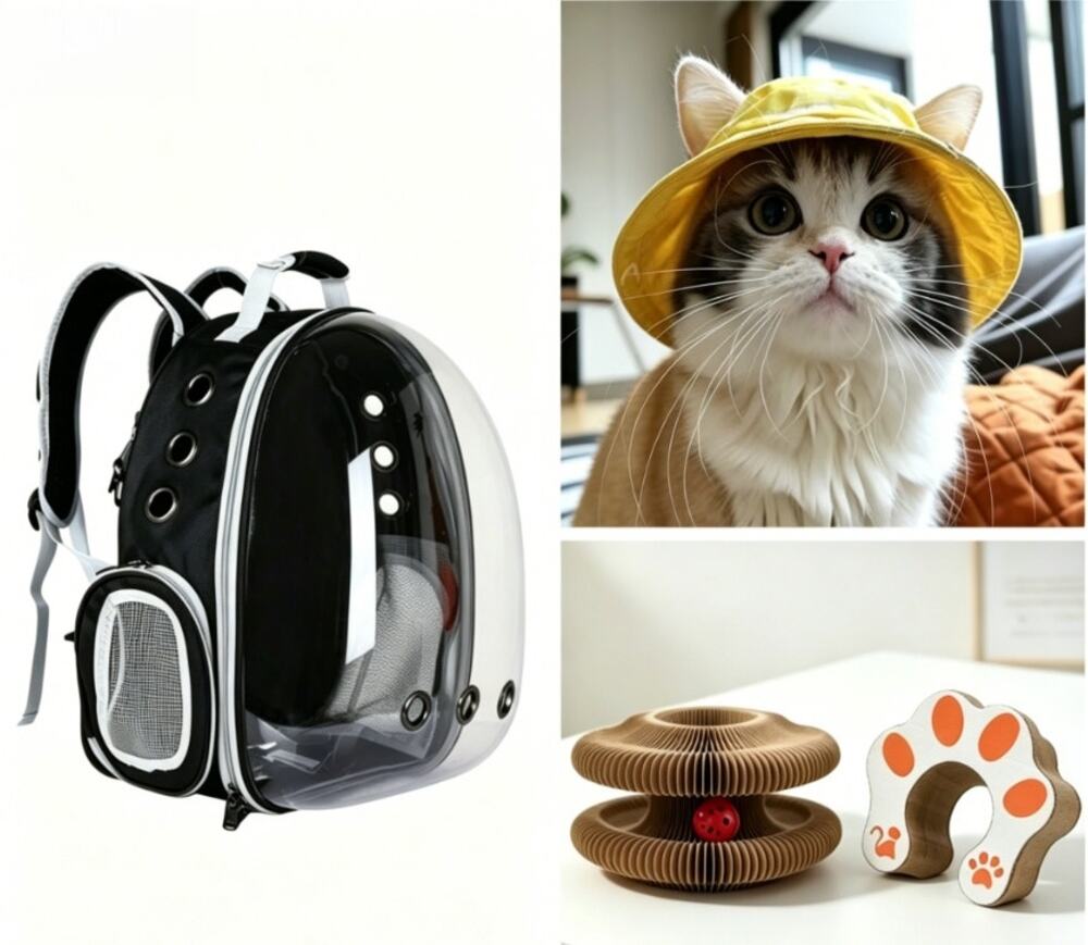 3-in-1 Kitten Kit: Space Capsule Backpack, Pet Hat & Accordion Scratcher